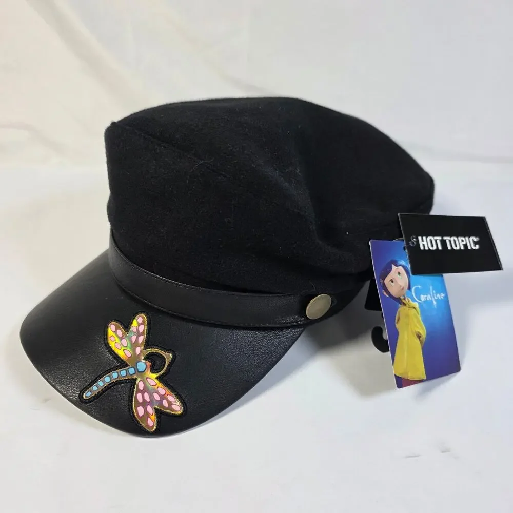 Coraline Dragonfly Cabbie Hat Hot Topic Black Cosplay Cap New With Tags